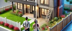 Dall·e 2025 03 24 00.41.29 a split image showing two scenes on the left, a glossy model home with upgraded finishes and perfect landscaping; on the right, a real under construc